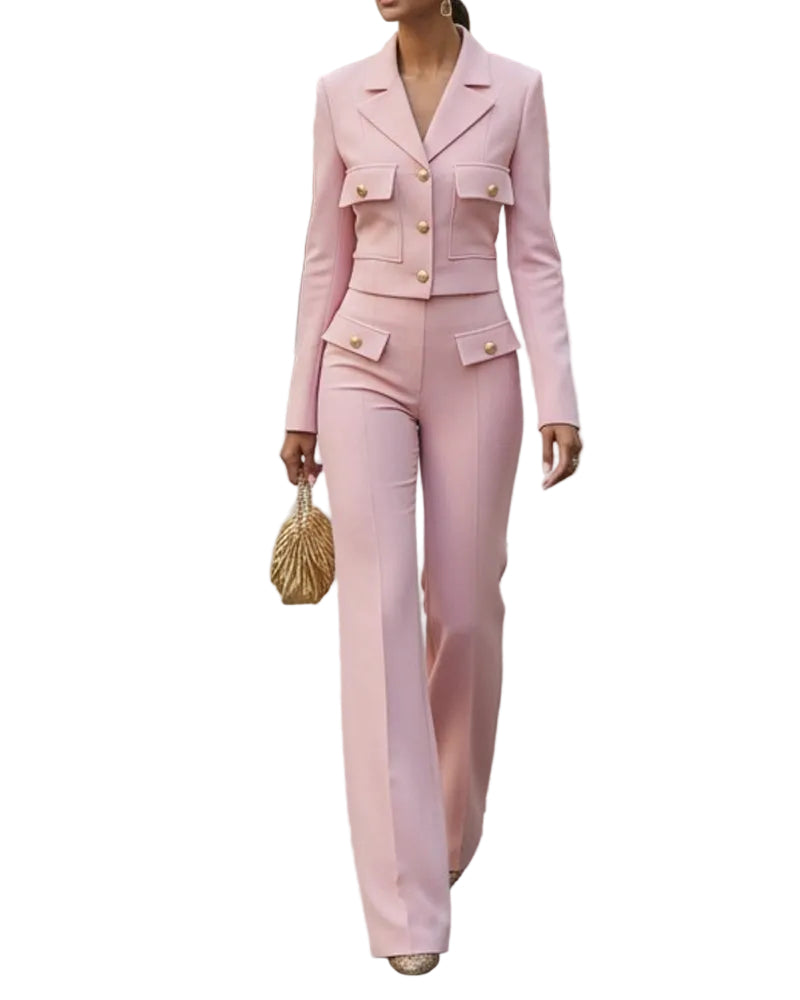 Korte getailleerde damesblazer en wijde broek met hoge taille, tweedelige set met gouden knopen – Elegante business-casualoutfit voor kantoor en formele gelegenheden