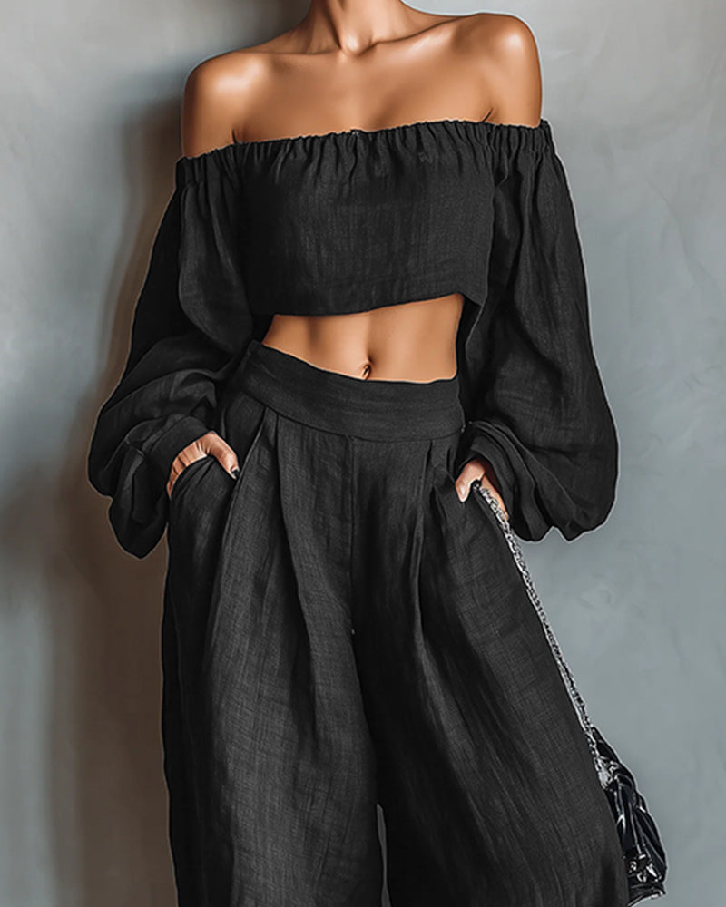 Damescrop-top met blote schouders en wijde broek met hoge taille – Elegante tweedelige zomerco-ord met pofmouwen voor casual en avondgelegenheden