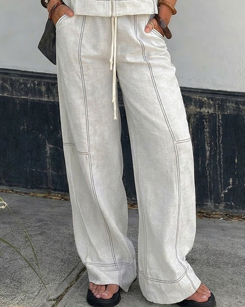 Dames tweedelige zomerset van katoen - mouwloos topje met rits aan de voorkant en losse wijde broek voor casual dagelijks gebruik