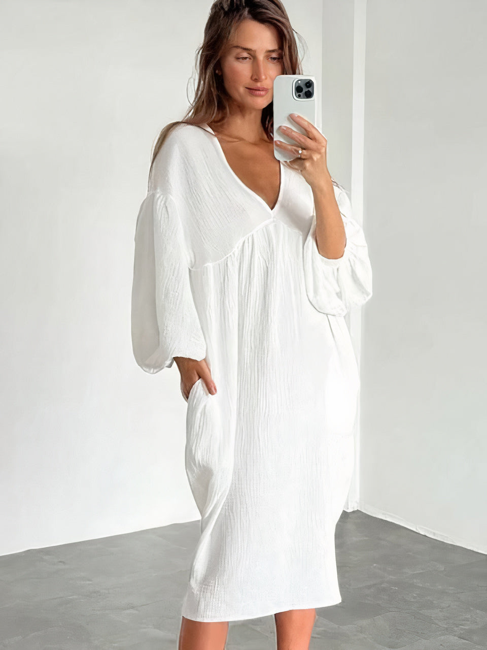Camisón midi para mujer con escote en V, mangas abullonadas y ajuste relajado