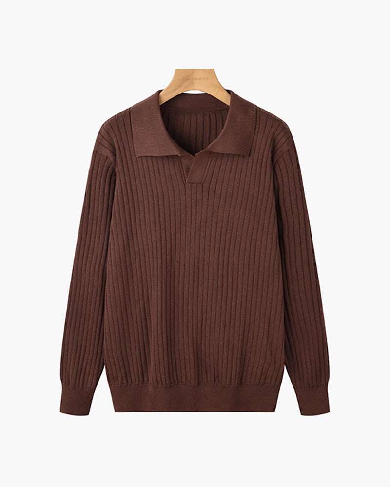Men’s Ribbed Knit Polo Sweater V Neck Slim Fit