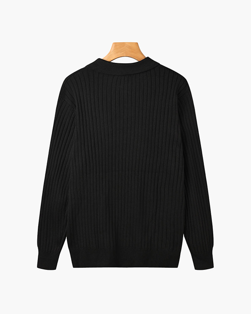 Men’s Ribbed Knit Polo Sweater V Neck Slim Fit