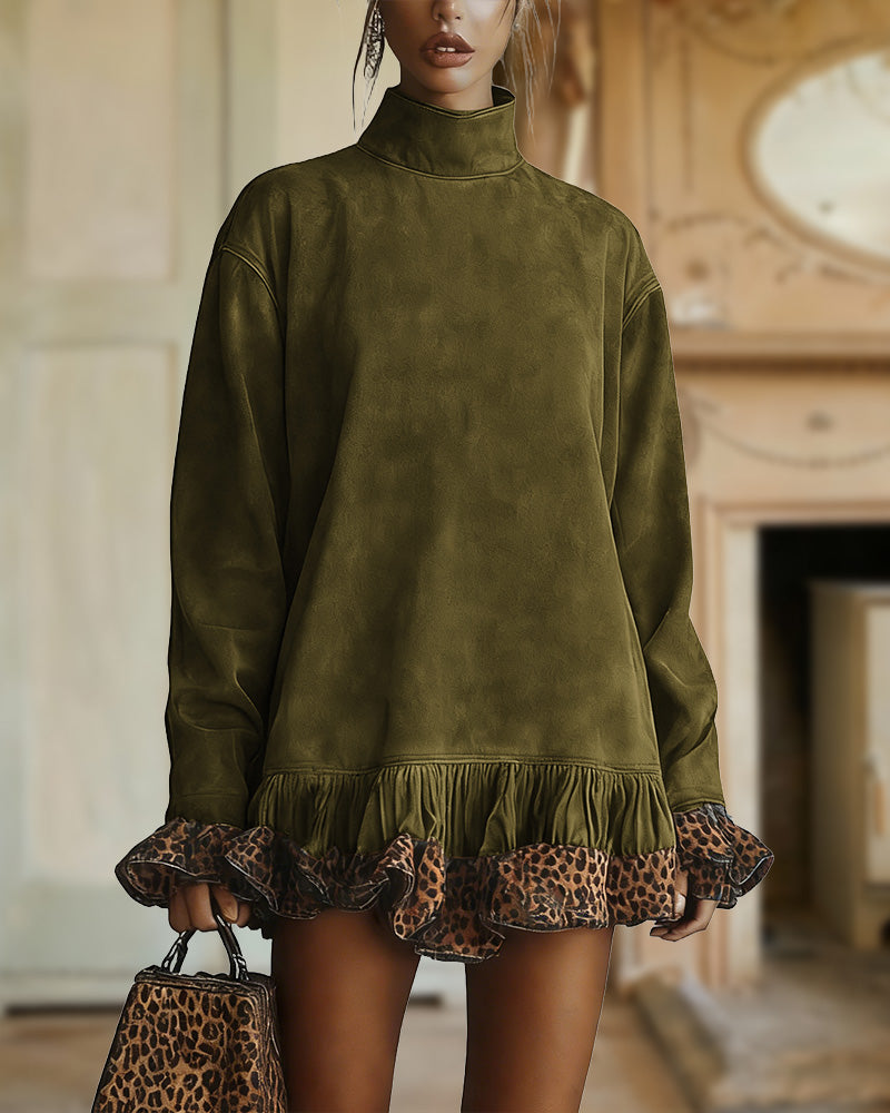 Mini-jurk in suèdelook met rechte pasvorm voor dames - losvallende jurk met lange mouwen en hoge hals, luipaardprint, ruches aan de zoom en manchetten voor de herfst en winter