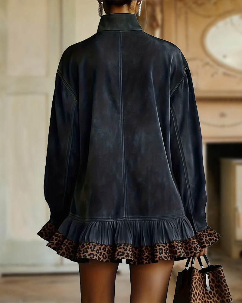 Mini-jurk in suèdelook met rechte pasvorm voor dames - losvallende jurk met lange mouwen en hoge hals, luipaardprint, ruches aan de zoom en manchetten voor de herfst en winter