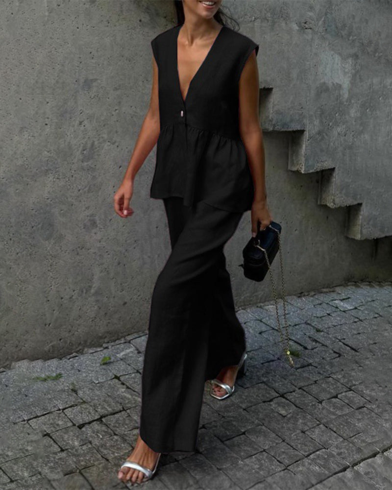 Mouwloze top met peplum en V-hals en broekset voor dames met wijde pijpen - elegante tweedelige zomeroutfit van katoenmix voor gekleed casual gebruik