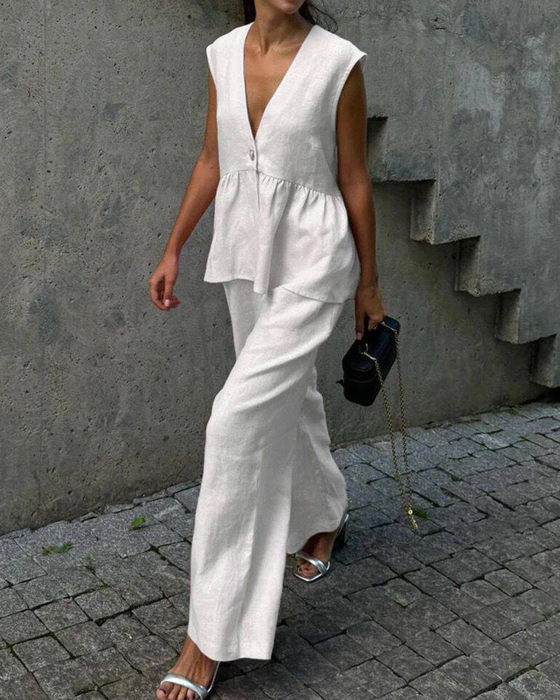 Mouwloze top met peplum en V-hals en broekset voor dames met wijde pijpen - elegante tweedelige zomeroutfit van katoenmix voor gekleed casual gebruik