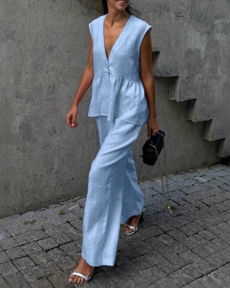 Mouwloze top met peplum en V-hals en broekset voor dames met wijde pijpen - elegante tweedelige zomeroutfit van katoenmix voor gekleed casual gebruik