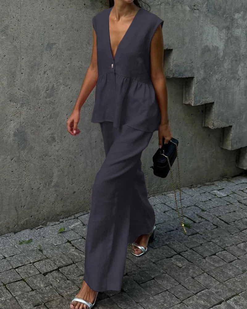 Mouwloze top met peplum en V-hals en broekset voor dames met wijde pijpen - elegante tweedelige zomeroutfit van katoenmix voor gekleed casual gebruik