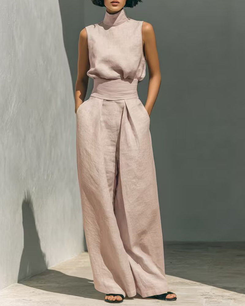 Set de damă cu top fără mâneci, cu guler înalt, și pantaloni cu croială largă - ținută elegantă de vară din două piese, cu talie înaltă