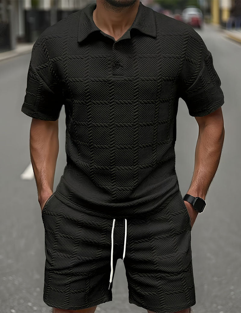 Men’s Textured Polo Shirt and Shorts Outfit Set
