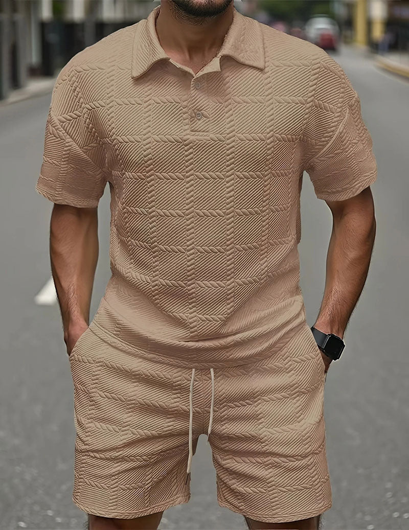 Men’s Textured Polo Shirt and Shorts Outfit Set