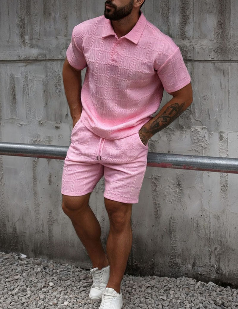 Men’s Textured Polo Shirt and Shorts Outfit Set