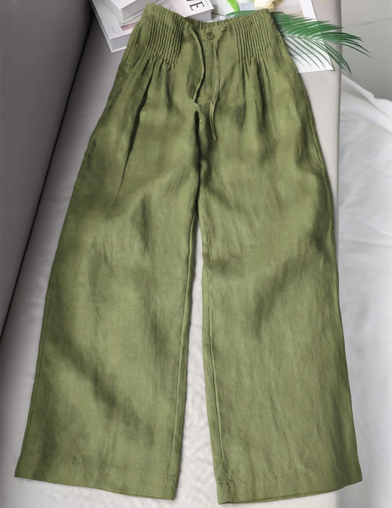 Pantaloni da donna in lino con vita arricciata e gambe larghe