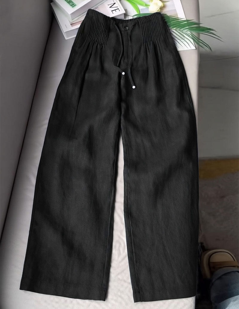 Pantaloni da donna in lino con vita arricciata e gambe larghe