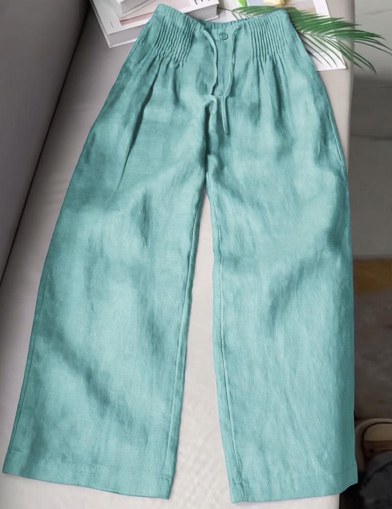 Pantaloni da donna in lino con vita arricciata e gambe larghe