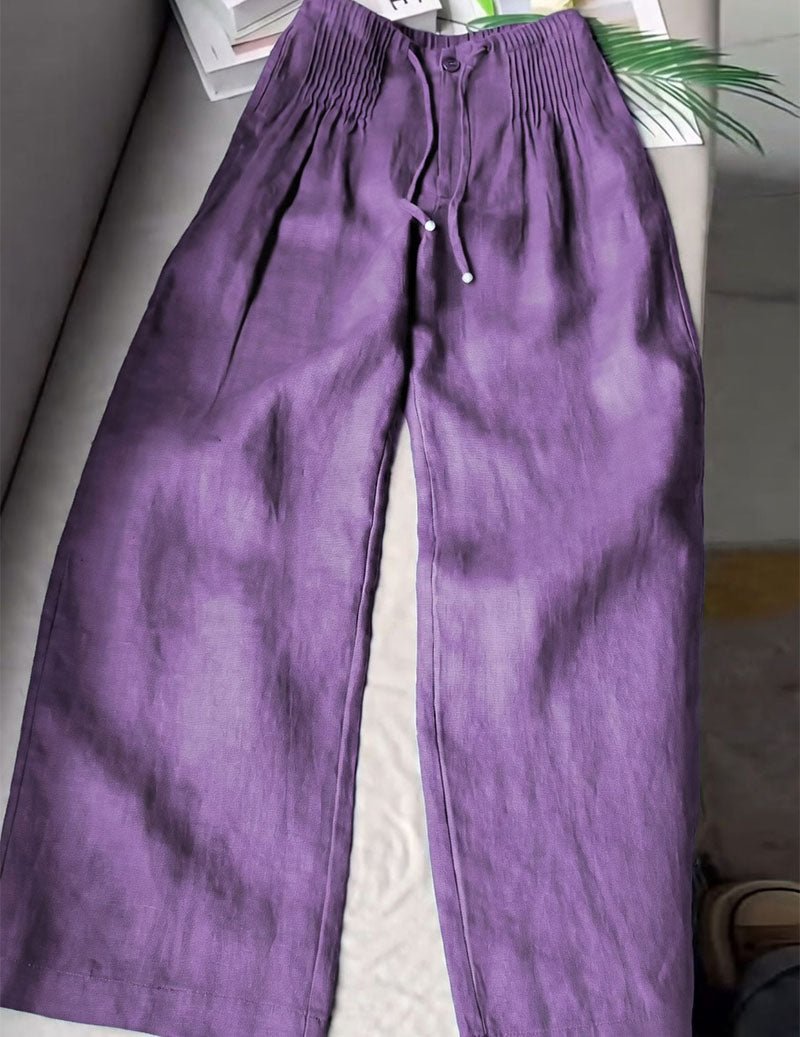 Pantaloni da donna in lino con vita arricciata e gambe larghe