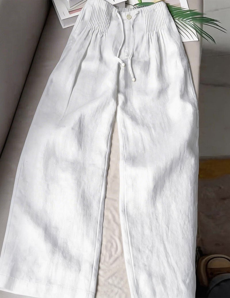 Pantaloni da donna in lino con vita arricciata e gambe larghe