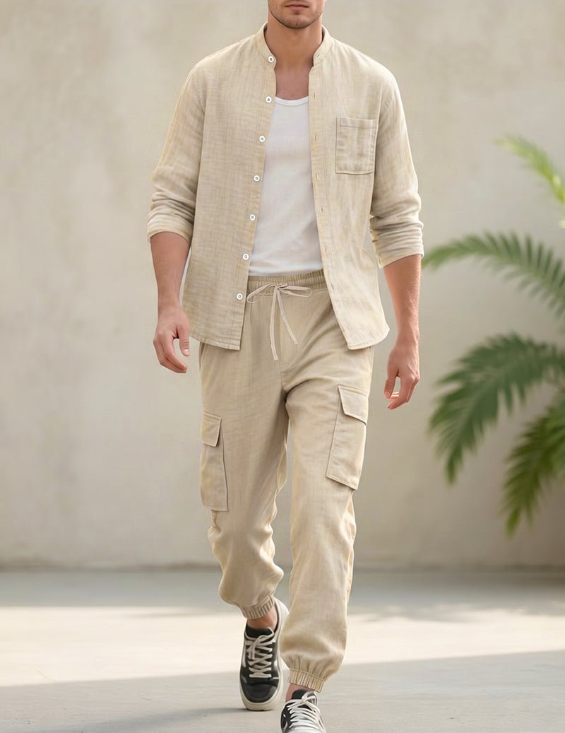 Ensemble cargo en lin pour homme avec chemise à col mandarin