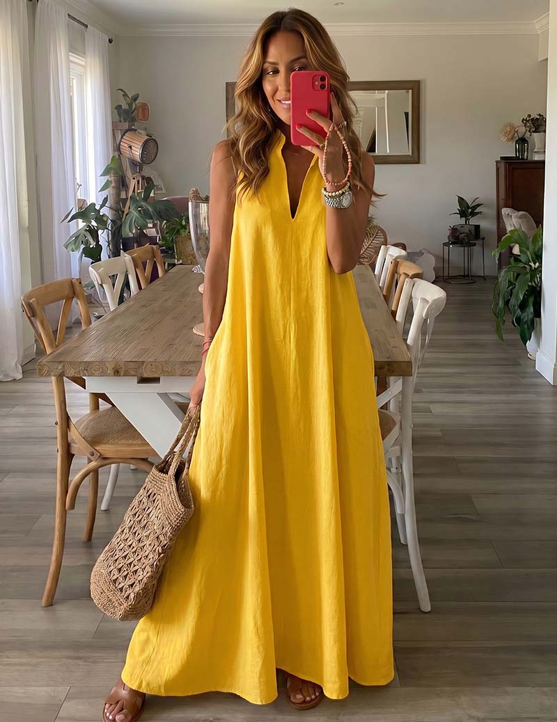 Dámské maxi šaty na doma bez rukávů s rozparkem a volným střihem u krku