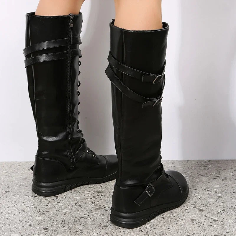Women’s Leather Knee-High Lace-Up Boots – Buckle-Strap Side-Zip Winter Combat Boots