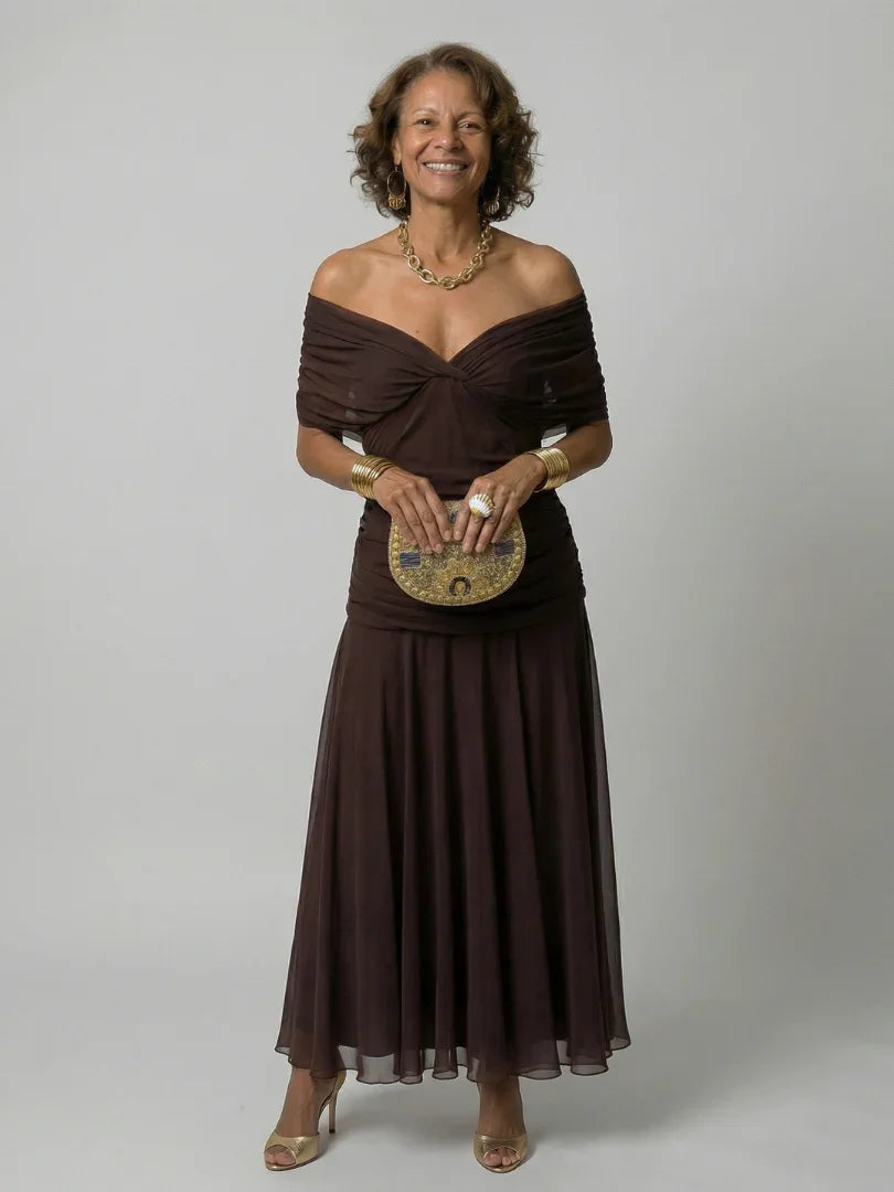 Women’s Printed Off-Shoulder Dress with Ruched Waist
