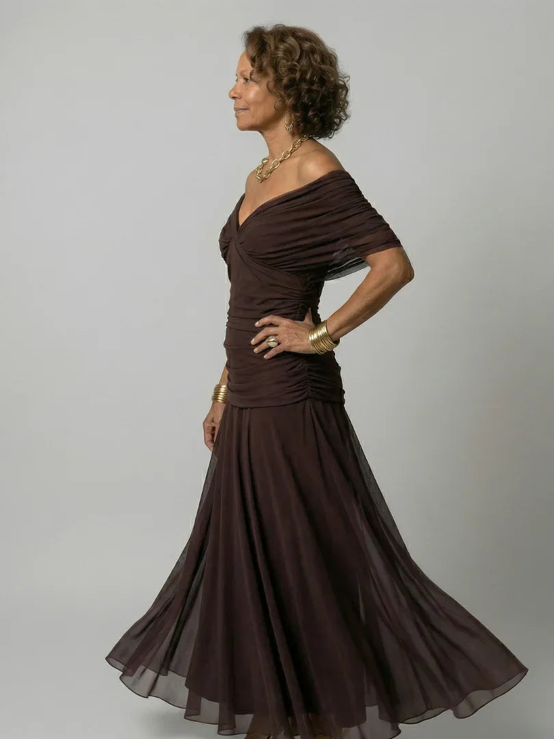 Women’s Printed Off-Shoulder Dress with Ruched Waist
