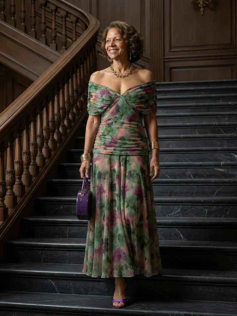 Women’s Printed Off-Shoulder Dress with Ruched Waist