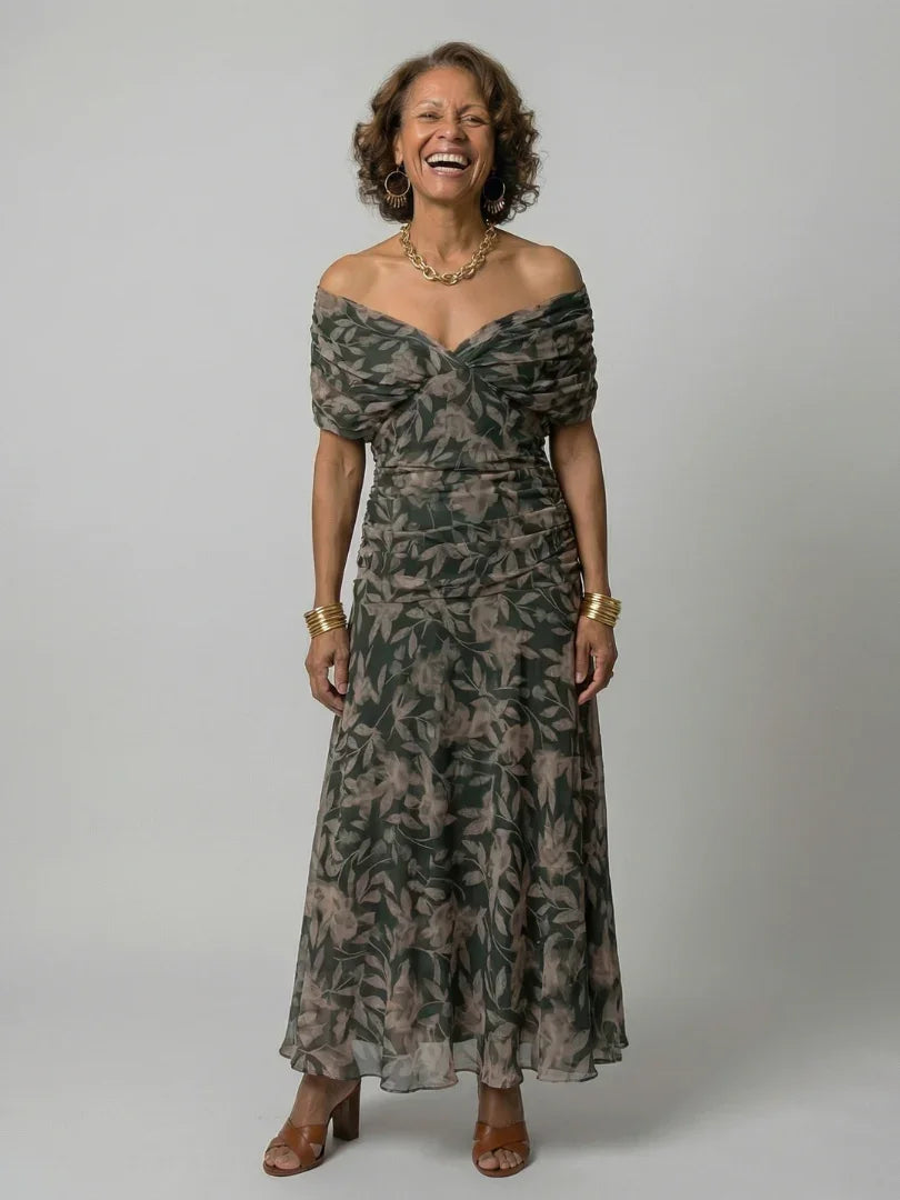 Women’s Printed Off-Shoulder Dress with Ruched Waist