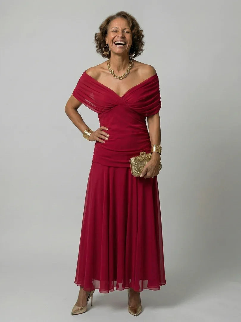 Women’s Printed Off-Shoulder Dress with Ruched Waist