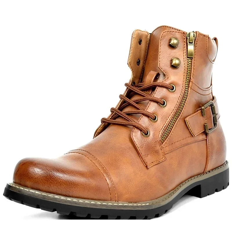 Men’s Rugged Leather Boots with Buckle and Laces | Durable, Stylish Outdoor Footwear