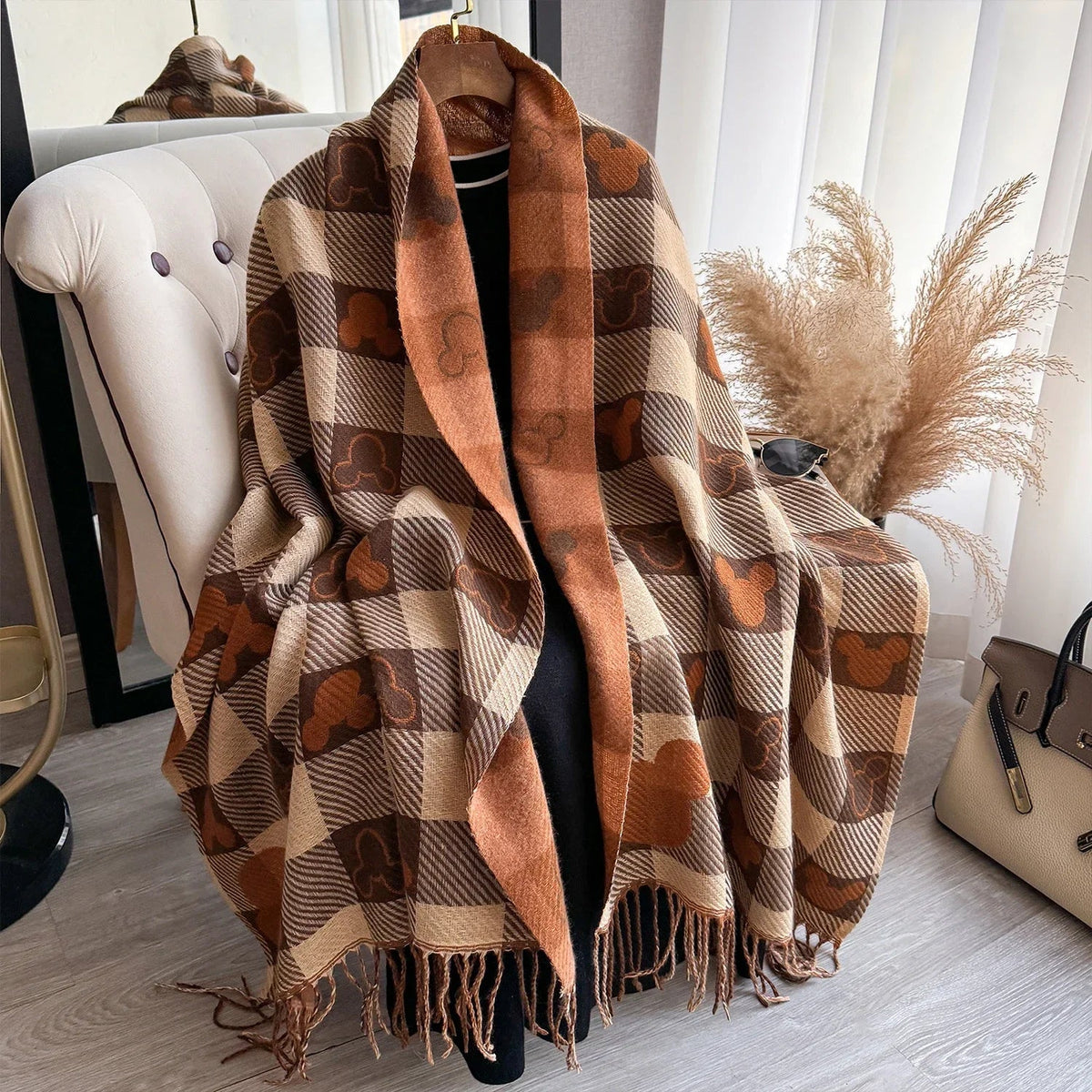 Women’s Cashmere Winter Scarf – Thick Printed Fringed Wrap for Warm Elegant Cold-Weather Layering