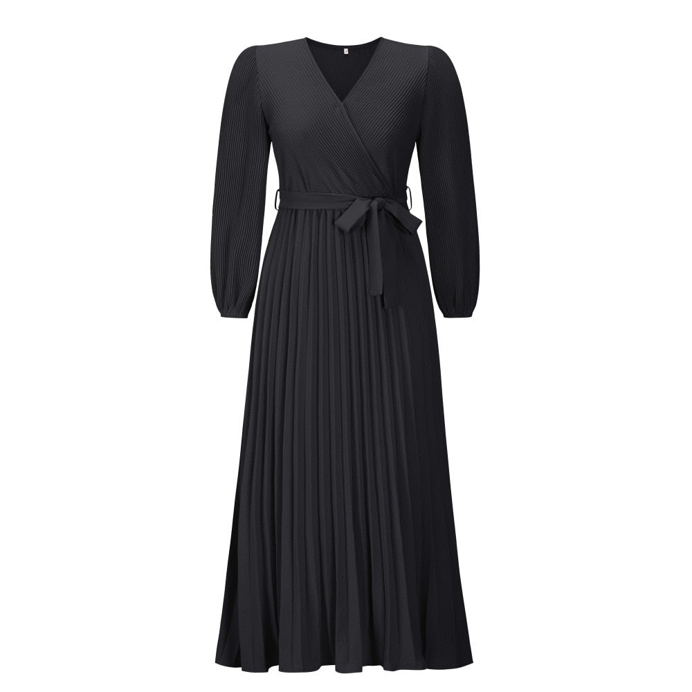 Women’s Maxi Dress Pleated Wrap Waist Tie Long Sleeve
