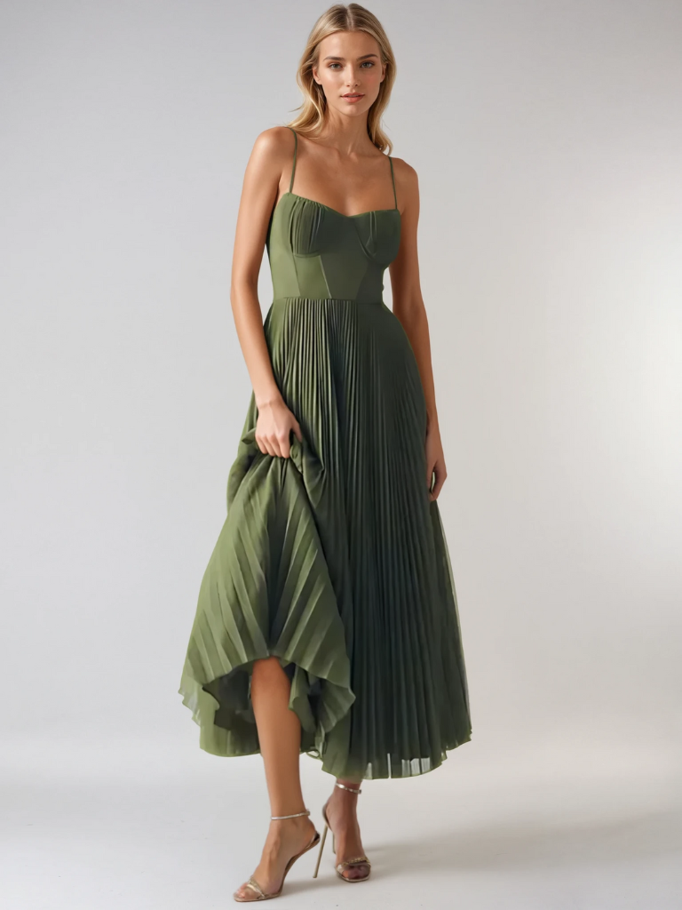 Naisten laskostettu bustier-mekko hienoilla olkaimilla, midi-pituinen