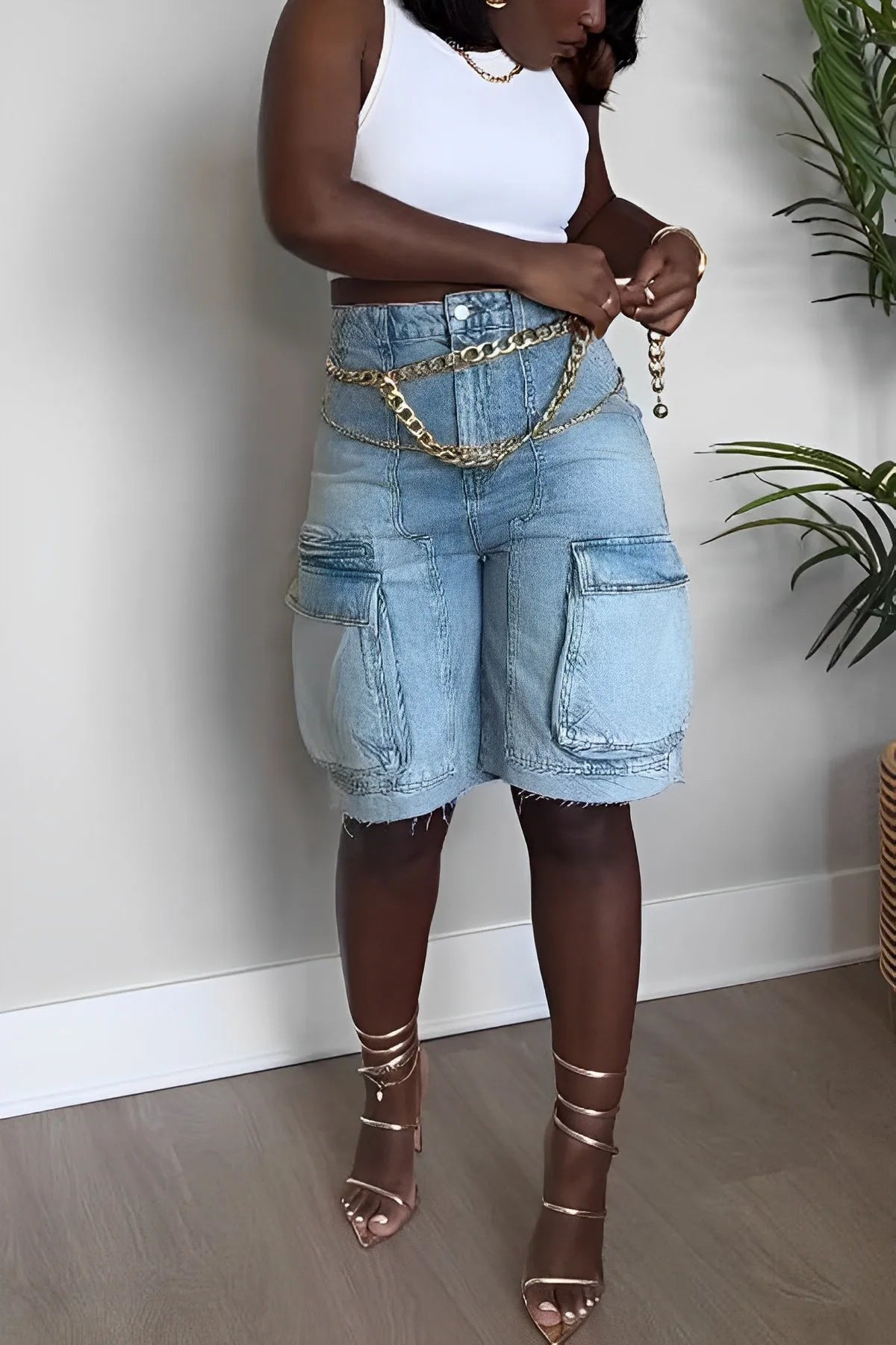Calções bermudas cargo de ganga femininos de cintura subida - modelo utilitário descontraído até ao joelho com bolsos grandes para streetwear de verão e uso casual diário