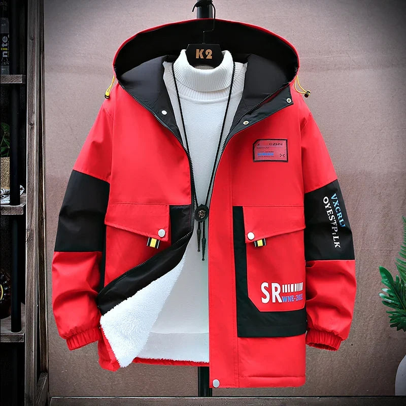 Men’s Plush-Lined Hooded Winter Jacket – Windproof Colour-Block Insulated Coat with Utility Pockets