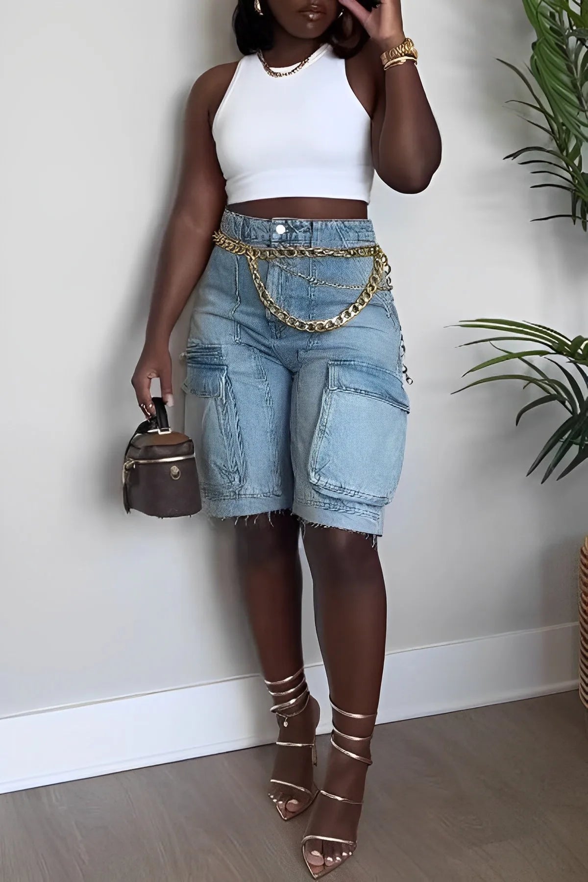 Calções bermudas cargo de ganga femininos de cintura subida - modelo utilitário descontraído até ao joelho com bolsos grandes para streetwear de verão e uso casual diário
