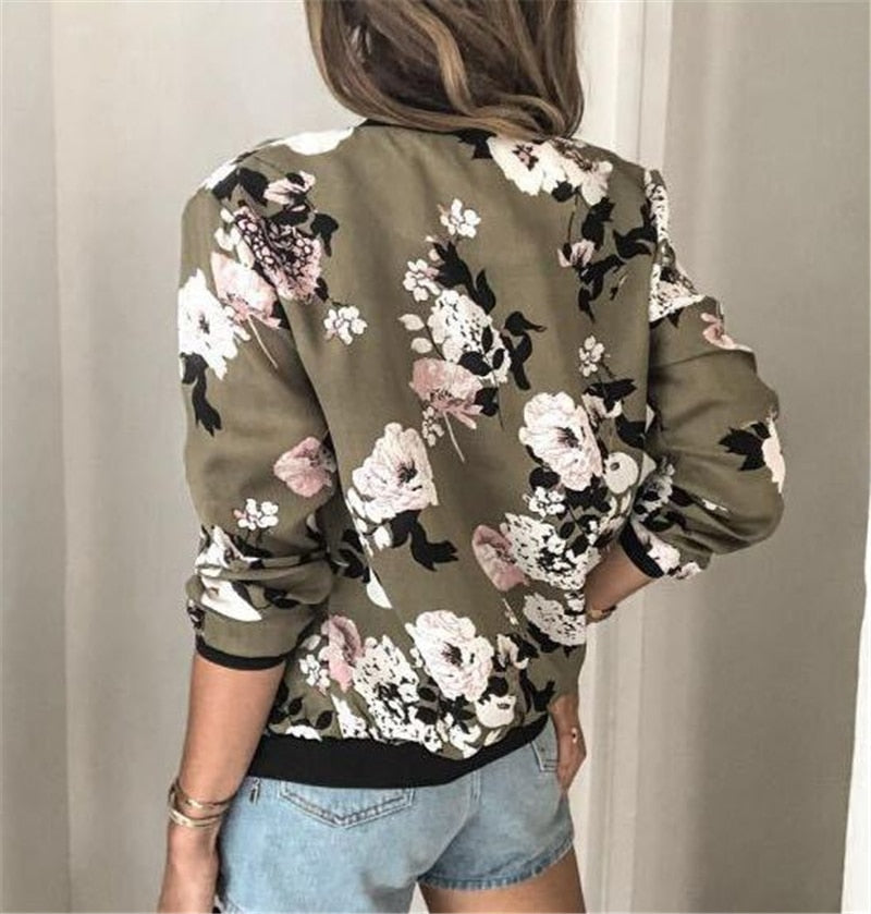 Dámská květinová bomber bunda s předním zipem, lehká, volnočasová vrstva