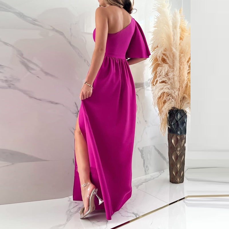 Vestido largo de una sola manga para mujer con abertura en el muslo, elegante vestido de noche