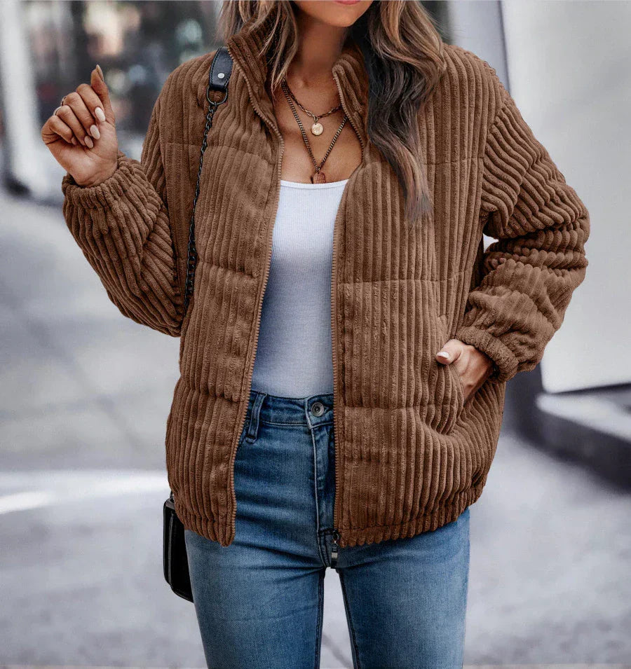 Veste en velours côtelé côtelé pour femme – couche décontractée zippée pour un style hivernal casual