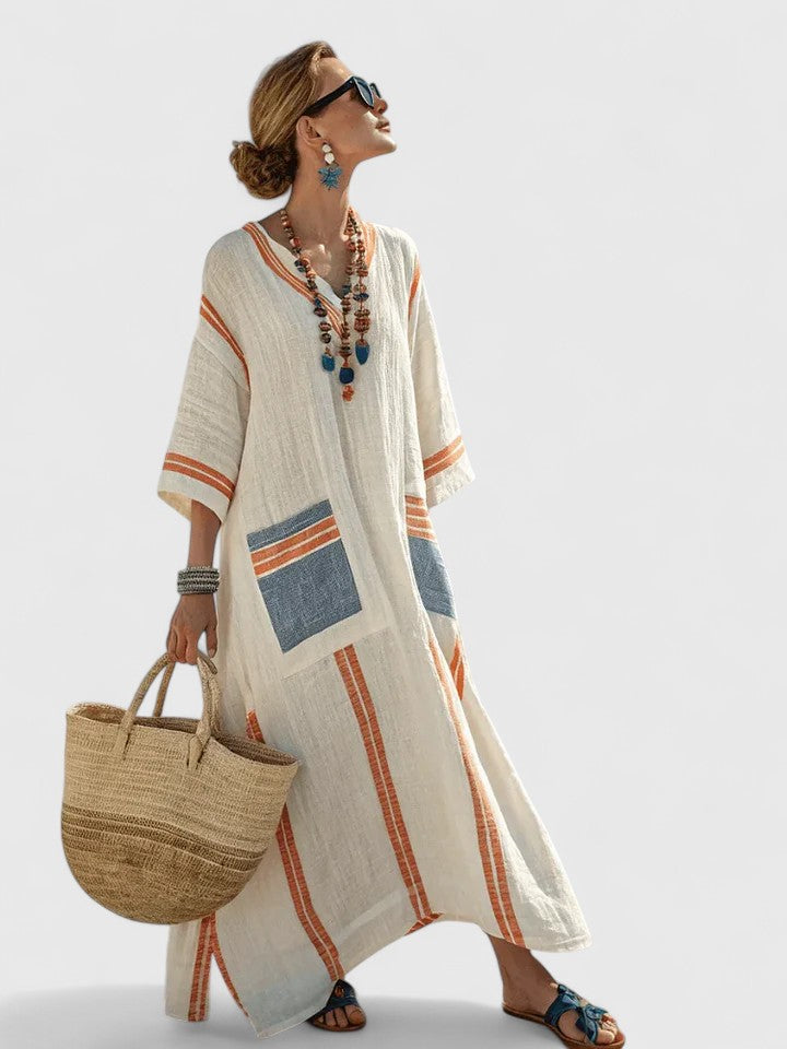 Women’s Oversized Striped Kaftan V Neck Maxi Dress