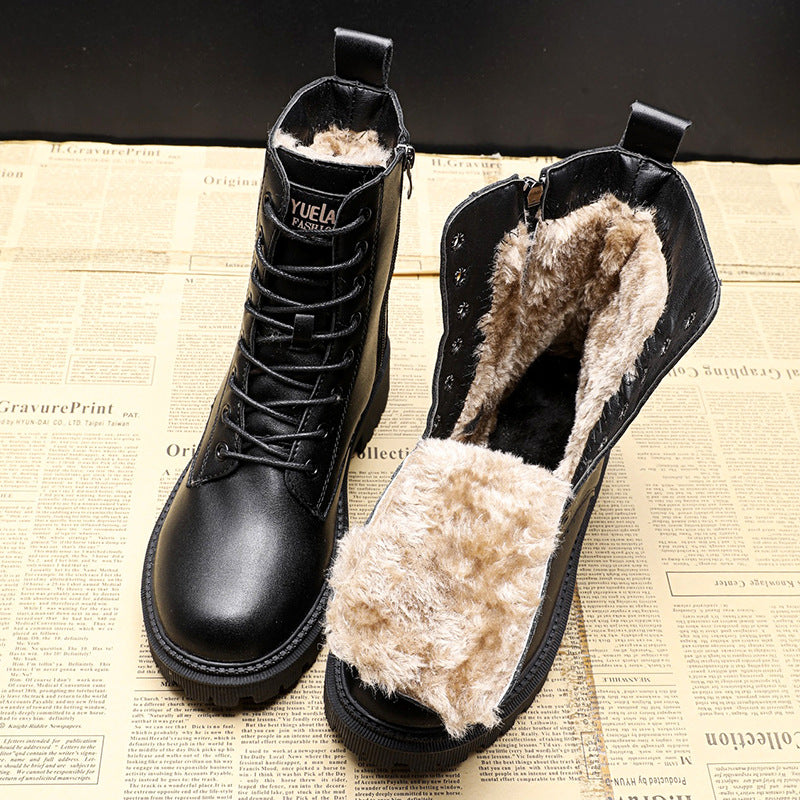 Women’s Leather Lace-Up Winter Ankle Boots – Warm Plush-Lined Chunky Sole Footwear for Casual Everyday Wear City Walks Autumn Outfits and Cold-Weather Winter Styling