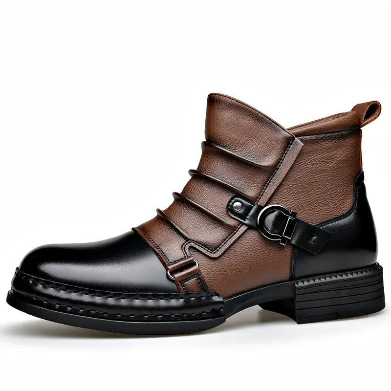 Men’s Retro Ankle Boots – Warm-Lined Side-Zip Low-Heel Winter Boots with Ruched Upper and Buckle Detail