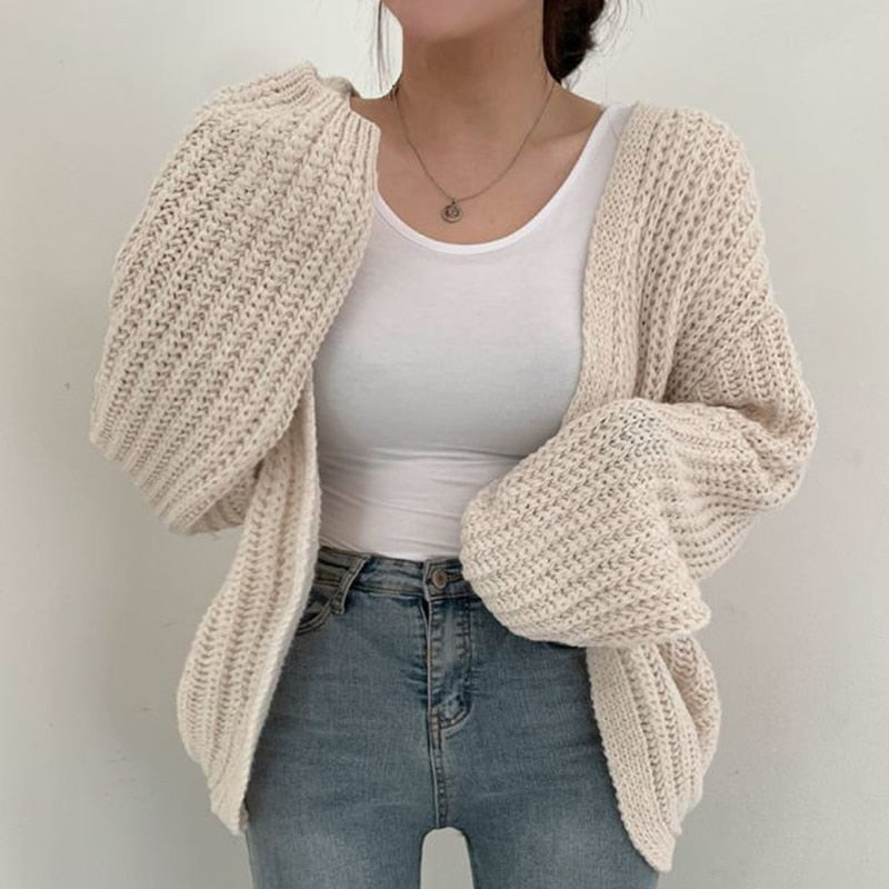 Cardigan gros tricotat pentru femei, mâneci bufante, croială lejeră, stratificabil