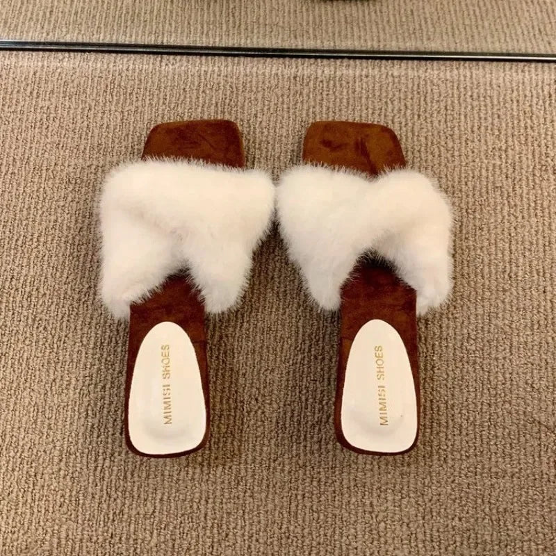 Women’s Faux-Fur Heeled Slippers – Cross-Strap Open-Toe Mules with Sculpted Block Heels