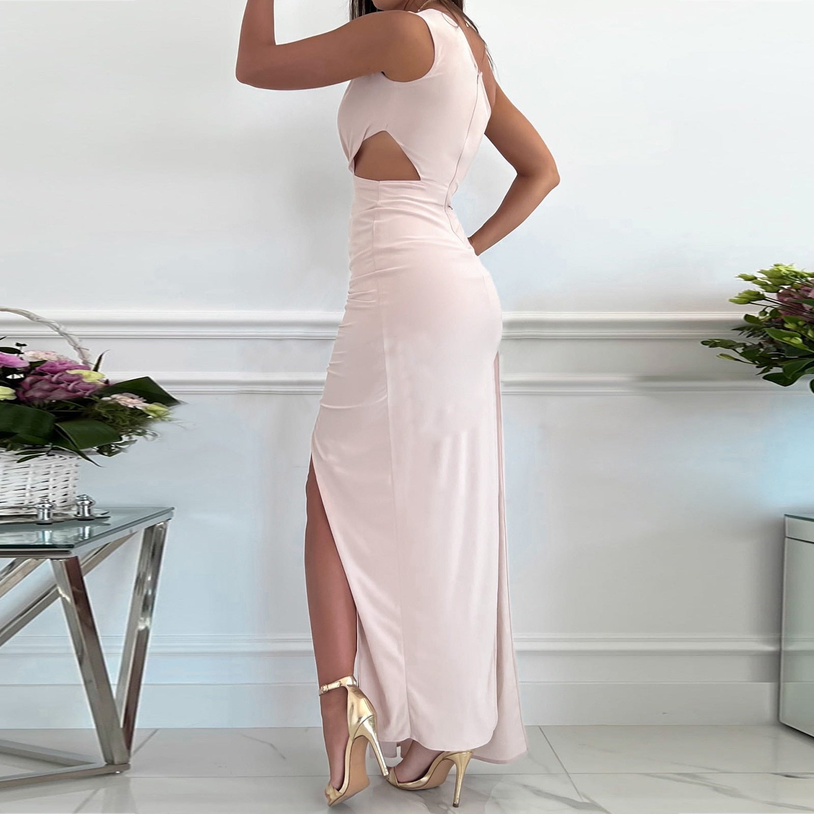 Women’s One Shoulder Maxi Dress Draped Waist Split Evening Gown