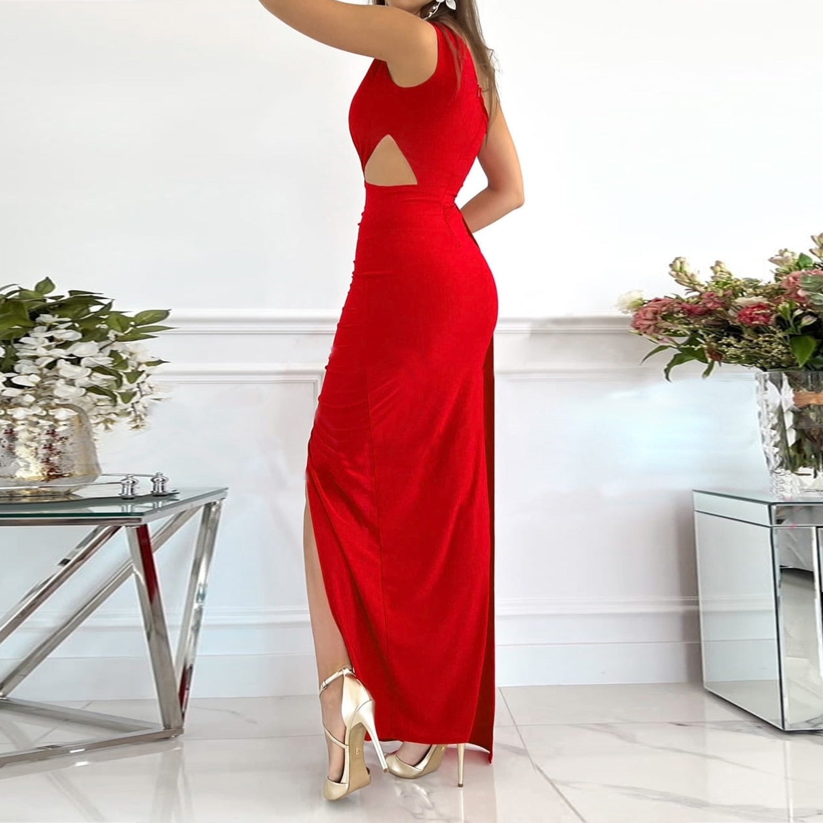 Women’s One Shoulder Maxi Dress Draped Waist Split Evening Gown
