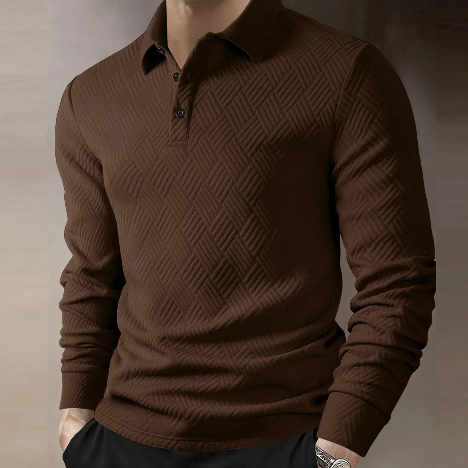 Men’s Long Sleeve Polo Shirt Textured Knit Smart Casual Top