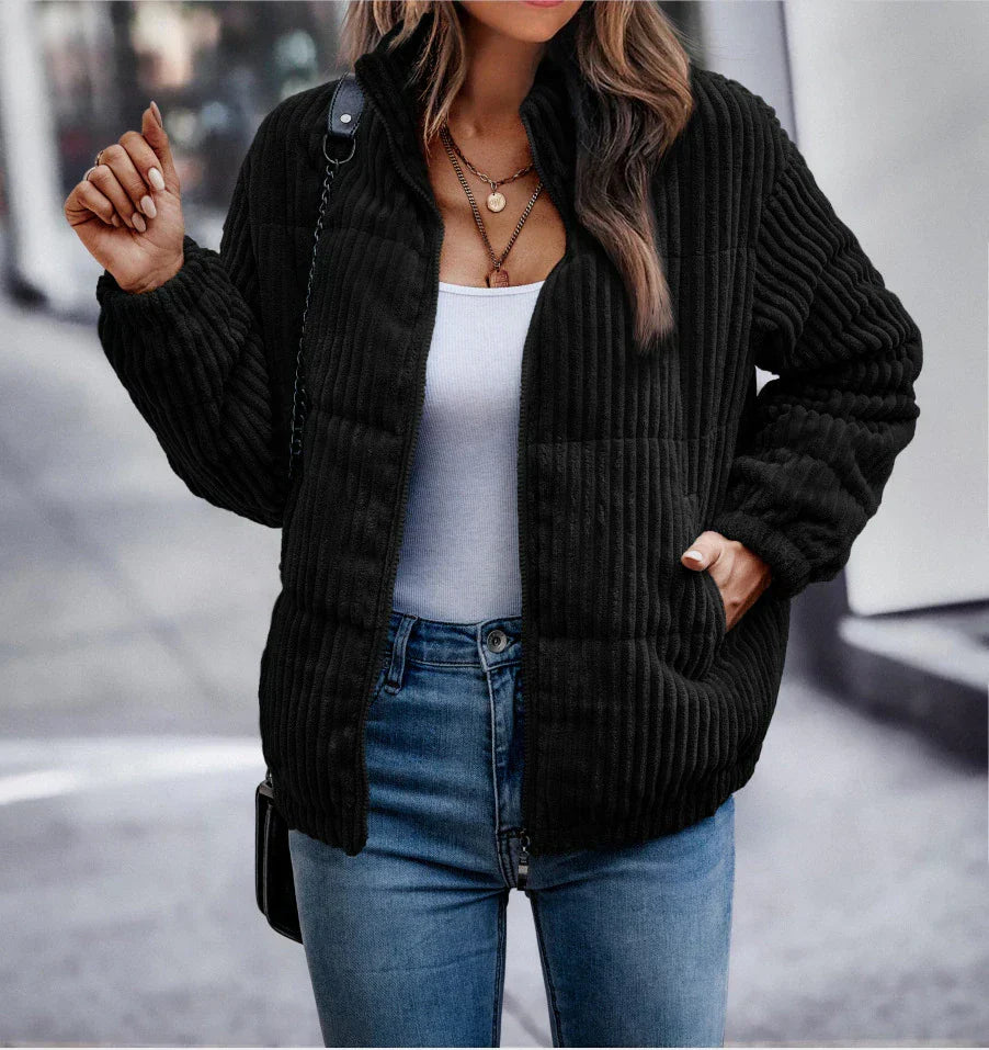 Veste en velours côtelé côtelé pour femme – couche décontractée zippée pour un style hivernal casual