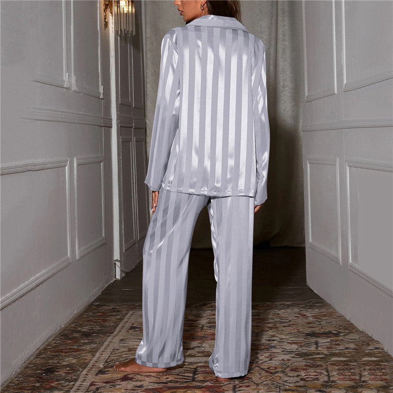 Women’s Satin Lounge Co-Ord Set – Long-Sleeve Button-Up Shirt with Wide-Leg Trousers for Sleepwear