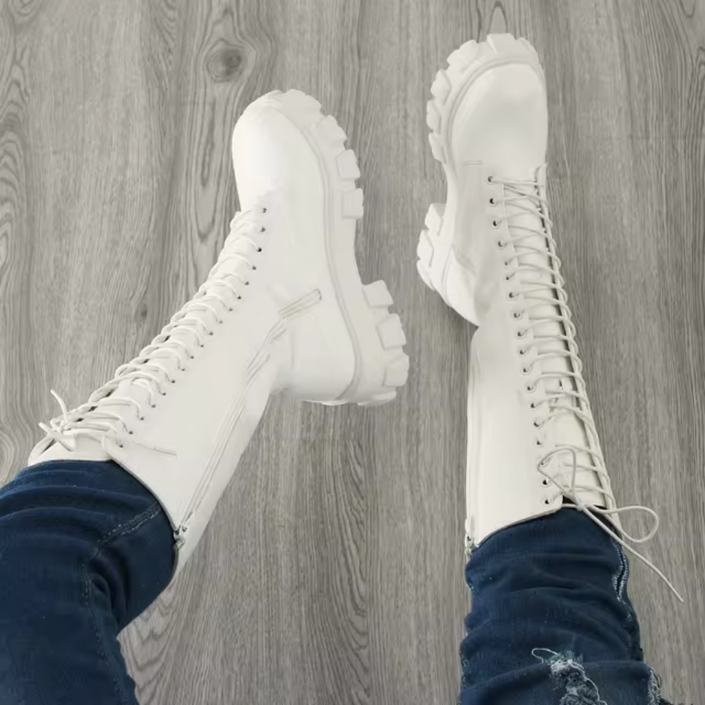 Dámske vysoké koženkové čižmy na šnurovanie – výrazné bojové čižmy na hrubej platforme na jesenný a zimný streetwear